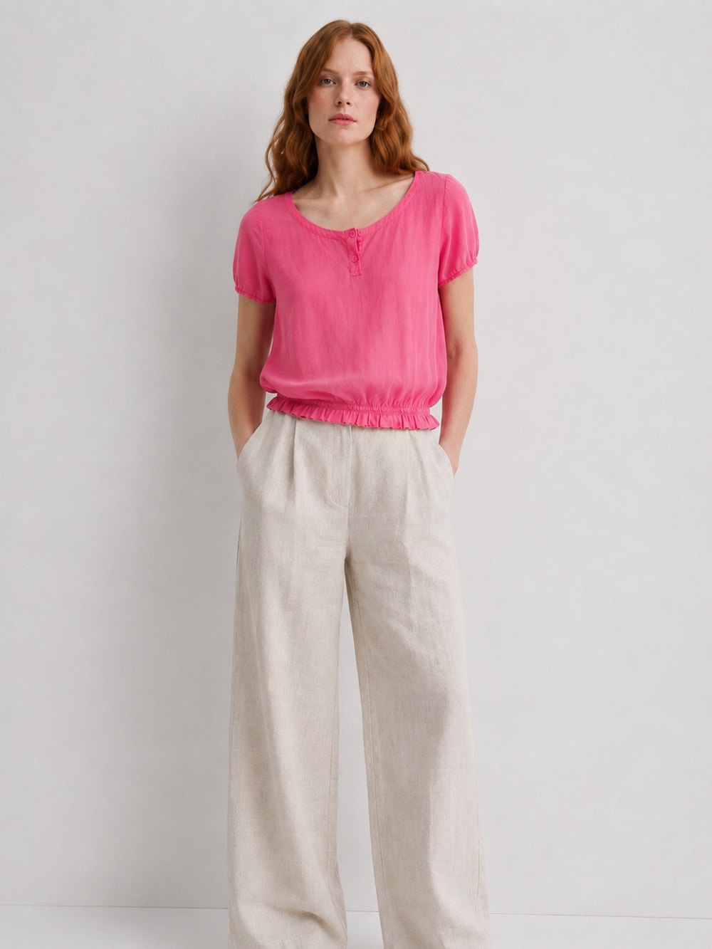 European culture pink cotton lightweight elastic waist top